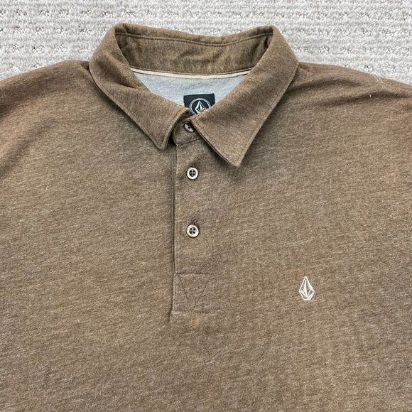 VOLCOM Polo Shirt Men Medium M Brown Embroidered Logo Casual Golf Poly Cotton - Picture 2 of 15
